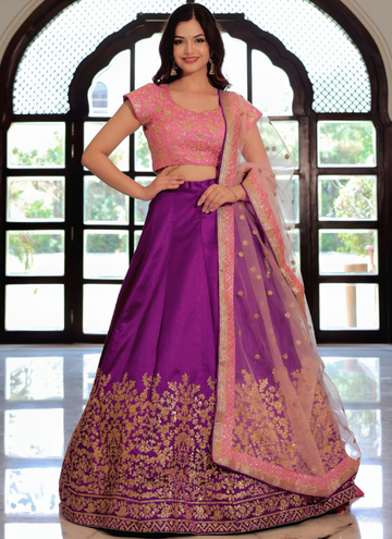 Mulberry Silk Zari Embroidered Work Purple Wedding Wear Lehenga Choli